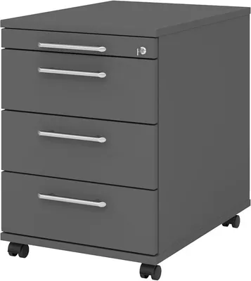 Produktbild von Rollcontainer mit Schubladen, Container abschließbar aus Holz in Graphit - Rollwagen für's Büro als Schreibtisch Unterschrank, Bürocontainer od. Schreibtischcontainer mit Relinggriffe