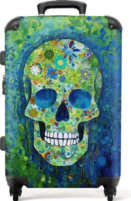 Produktbild von NoBoringSuitcases.com® Großer Koffer - Totenkopf - Blumen - Farbe - Grün - Blau - Totenkopf - Totenkopf - Kombinationsschloss TSA - Hartschalen Trolley 4 Rollen - 72 liter - Reisekoffer - 66 cmKoffer Mittelgroß 67x43x25 cm, 72L,