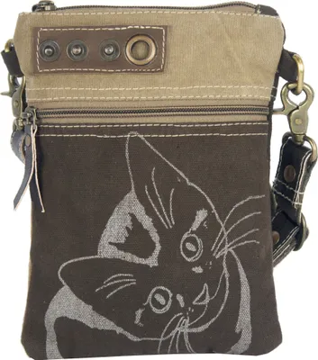 Produktbild von Sunsa Damen Tasche Umhängetasche, Handtasche aus Canvas & Leder. Nachhaltige Produkte, kleine Vintage Stoff Shoulder bag, Schultertasche, Segeltuch Crossbody, Geschenkideen für Frauen, Katzenmotiv