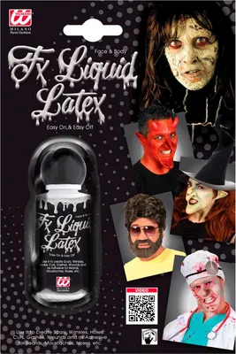 A collage of a product package for FX Liquid Latex, featuring the product bottle and several examples of its use in creating special effects makeup.