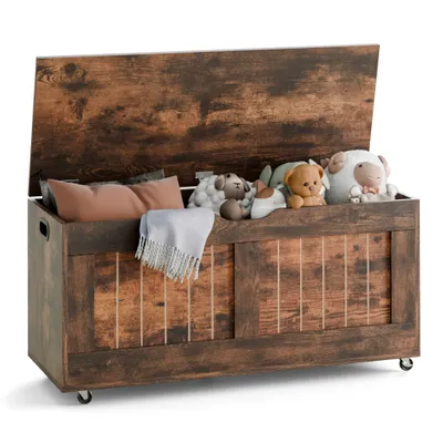 Produktbild von Mondeer Aufbewahrungsschrank, Aufbewahrungsbank mit 4 Rollen, Deckenbox im modernen Stil mit 2 Sicherheitsscharnieren, 100 x 49 x 40 cm, Braun