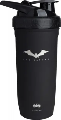 A black shaker bottle with a Batman logo.
