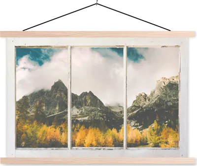 Produktbild von MuchoWow® Textilposter Aussicht - Baum - Berg 120x80 cm mit holzfarbenen Rahmen - Aufhängeset