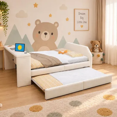 Image de Lit convertible Merax pour enfants, 140x200 cm, avec bureau, lit de jour avec port USB de recharge et lit tiroir, lit rembourré en velours, lit d'appoint en MDF, couleur beige