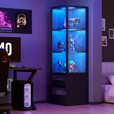 Obrázok produktu pre TWSOUL Rohová vitrína s RGB LED, výška 160 cm, priehľadné akrylové dvere, 3 police a 2 zásuvky, čierna rohová skriňa do obývacej izby