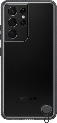 A black Samsung Galaxy S21 Ultra phone case with a camera bump and a strap attachment.
