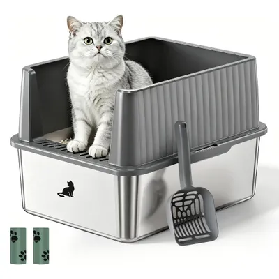 Produktbild von Theo&Cleo Edelstahl Katzenklo Katzentoilette mit hohem Rand und Schaufel leicht zu reinigen geruchsarm B44 44×34×30 cm