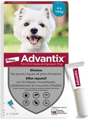 Zdjęcie produktu dla Płyn przeciwpasożytniczy dla psów Advantix, Małe Rasy 4-10kg, Eliminuje pchły, kleszcze i wszy, 4 Pipety