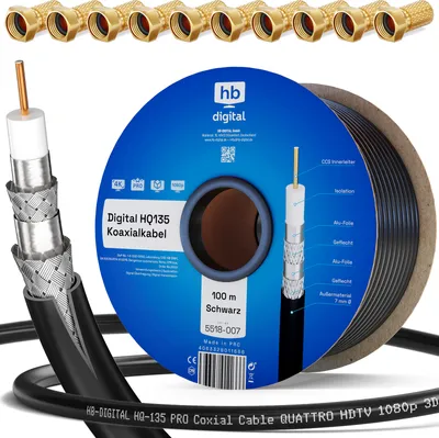 Produktbild von hb-digital 100m Koaxialkabel HQ 135dB 4-Fach Stahl Kupfer schwarz + 10 F-St