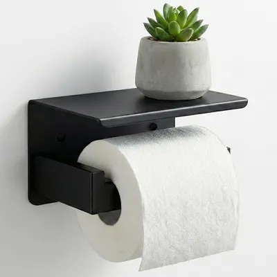 Produktbild von Toilettenpapierhalter mit Ablage, wandmontierter Toilettenpapierhalter aus Edelstahl, zur Befestigung mit Kleber oder Schrauben, mattschwarz