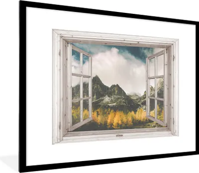 Produktbild von MuchoWow® Gerahmtes Poster Aussicht - Herbst - Berg 80x60 cm - Poster mit Schwarzem Bilderrahmen Wandposter Rahmen Foto Bilder - Schlafzimmer-Dekorationen - Fotoposter