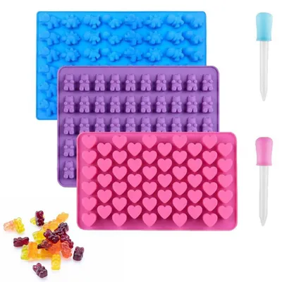 Produktbild von Silikonformen Gummibärchen 3 Stück mit 2 Tropfern für Süßigkeiten, Schokolade, Eis
