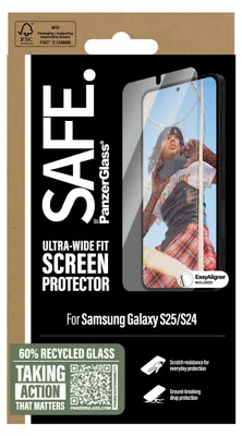 Produktbild von PanzerGlass SAFE. by ® Displayschutz Samsung Galaxy S25 | S24 | Ultra-Wide Fit m. Aligner, Samsung, Samsung - Galaxy S25, Samsung - Galaxy S24 5G, Trockene Anwendung, Kratzresistent, Schockresistent, Transparent, 1 Stück(e)