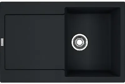 A top-down view of a black kitchen sink.