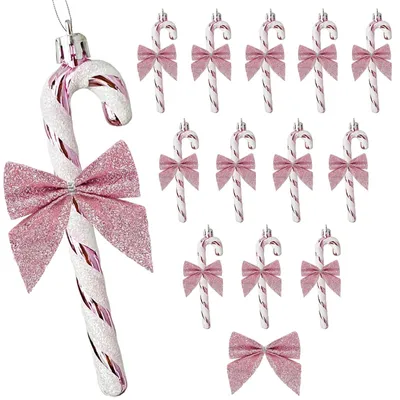 Produktbild von Weihnachtsbaumanhänger Zuckerstange Dekoration - 24 Stück - Rosa - Mit Schleifen - Für den Weihnachtsbaum