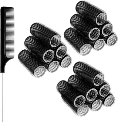 Produktbild von 18 Stück selbsthaftende Lockenwickler mit 1 Kamm, Klettwickler ohne Hitze, schwarze Haarwickler für langes, mittellanges und kurzes Haar, 20 mm