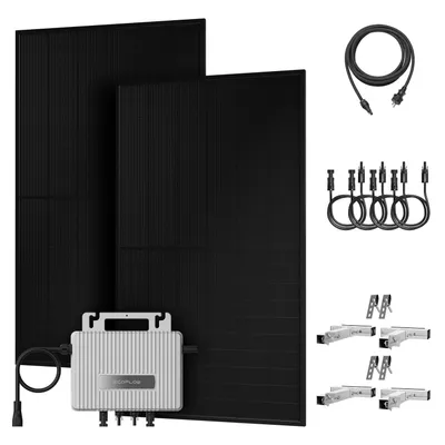Produktbild von Powerness Balkonkraftwerk, 1000W Bifazial Glas-Glas Module und EcoFlow 800W Mikro-Wechselrichter & 4x MC4 Kabel, 2x Balkon-Halterung (Silber) 0% VAT