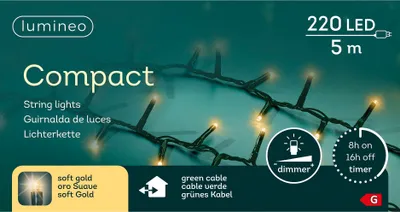 A product shot of string lights with packaging elements and feature callouts.