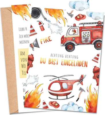 Feuerwehrauto-Dankeskarten (12 Stück) Mit Umschlägen - Perfekt Für Babyparty Oder Geburtstagsfeier