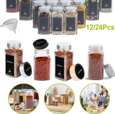 A collage of spice jars and a kitchen scene.