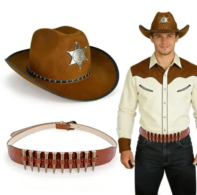 Imagen del producto de Sombrero de vaquero marrón, conjunto de disfraz occidental con cinturón de funda, talla única, ideal para fiestas de disfraces