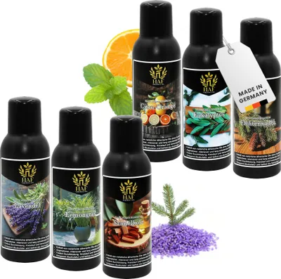 Produktbild von HAF Saunaaufguss Set „Zarte Sinne“ - 6 x 100ml Sauna Aufgussmittel Citro-Orange, Eukalyptus, Fichtennadel, Lavendel, Lemongras, Sandelholz