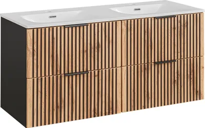 Produktbild von Doppelwaschtisch 120.4cm Gaia mit 2 Schubladen, Eichenoptik und Schwarz