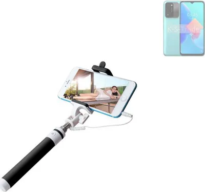 Produktbild von K-S-Trade Selfie Stick kompatibel mit Tecno Spark 8C  Selfiestick kabelgebunden Monopod mit Kabel Stab Stange Selfportrait Handheldstick schwarz 1x
