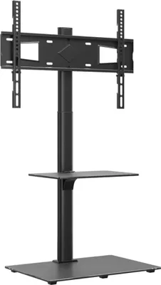 A black TV stand with two shelves and a base, shown against a white background.