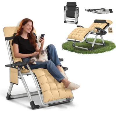 Image de TRMLBE Chaise longue pliable avec dossier réglable, porte-boissons, chaise longue ergonomique pour le jardin, le balcon et la terrasse - Beige