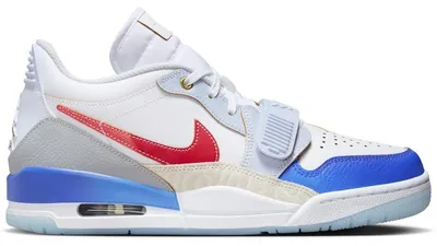 Image de Jordan Legacy 312 Low, couleur blanche, bleu "Game Royal" et rouge "University Red" - Pointure européenne 46