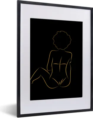 Produktbild von MuchoWow® Gerahmtes Poster Frau - Schwarz - Gold - Strichzeichnung 30x40 cm - Poster mit Schwarzem Bilderrahmen Wandposter Rahmen Foto Bilder - Wandposter Schlafzimmer