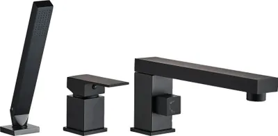 A black three-piece bathroom faucet set displayed against a white background.