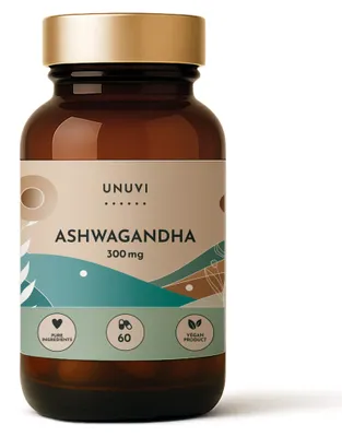 Produktbild von Ashwagandha 300 mg 60 vegane Kapseln Supplement Stress Entspannung Energie UNUVI