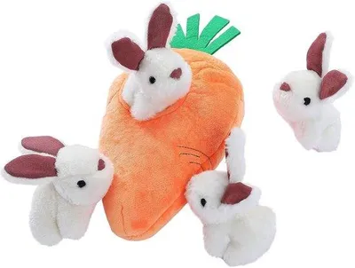 Produktbild von Famanu Hundespielzeug Plüsch Quietschspielzeug – Set mit 4 Kaninchen und Karotte