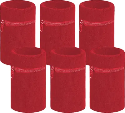 Immagine prodotto di Arowell Fascia antisudore premium con tasca e cerniera – 12 x 8 cm – Rosso – Confezione da 6