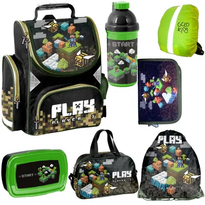 Produktbild von Minecraft 6er Set Schulranzen Ranzen Tornister Schulrucksack Federmappe Turnbeutel Turnsack Brotdose Trinkflasche Regenschutz Game Motiv ab 1 Klasse