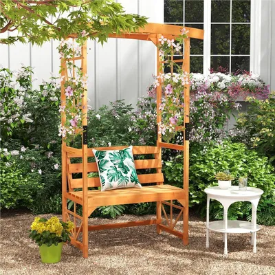 Obrázek produktu pro Růžová oblouková pergola s lavičkou – Dřevěná zahradní pergola – Opěrka pro popínavé rostliny – Zahradní lavička – Pergola – Lavička pro dvě osoby