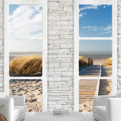 Produktbild von Fototapete selbstklebend Fensterblick 392x280 cm Tapete Wandtapete Wandbilder Klebefolie Dekofolie Tapetenfolie Wand Dekoration Wohnzimmer - Steine Meer Strand c-A-0066-a-d