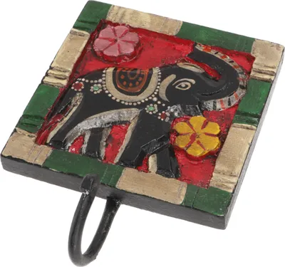 Produktbild von Indischer Wandhaken Elefant, Vintage Kleiderhaken, Schlüsselbrett, Mehrfarbig, Holz,Metall, 12*12*4 cm, Wandhaken aus Holz, Metall & Keramik
