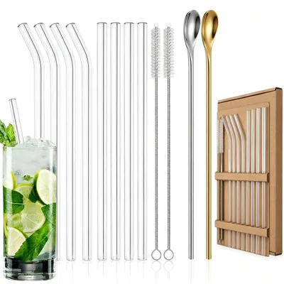 Imagen del producto de Pajitas de vidrio reutilizables, 20 cm, 12 unidades, rectas y curvadas, con cepillos de limpieza