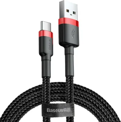 A black and red USB-C charging cable with a braided texture.