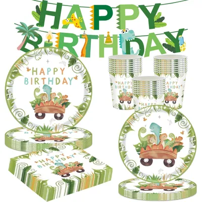Image de Omgoods - Ensemble de vaisselle pour anniversaire sur le thème des dinosaures - Décorations complètes pour une fête sur le thème des dinosaures