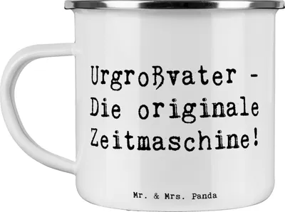Produktbild von Mr. & Mrs. Panda Pott Spruch Urgroßvater Zeitmaschine - Weiß - Geschenk, Blechtasse, Emaille Tasse, Haferl, Familie, Erbe, Geschichten, Becher, persönliche Erinnerungen