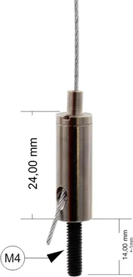 Produktbild von Drahtseilhalter / Gripper 12, Außengewinde M4 Gewindeüberstand 14mm, für Drahtseil Ø0,8-1,2mm | vernickelt