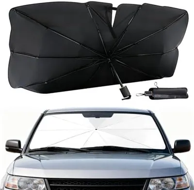Produktbild von Auto Sonnenschutz für die Windschutzscheibe stabile manuelle Einstellung in Mehreren Winkeln, UV & Hitzeschutz mit Ledertasche, für Limousinen, SUVs und MPVs
