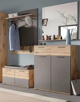 Produktbild von Garderobe Set 4-teilig "Tomaso" Eiche und grau 195 x 200 cm mit Soft-Close