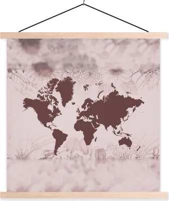 Produktbild von MuchoWow® Textilposter Weltkarte - Blume - Rot 40x40 cm mit holzfarbenen Rahmen - Posterleiste
