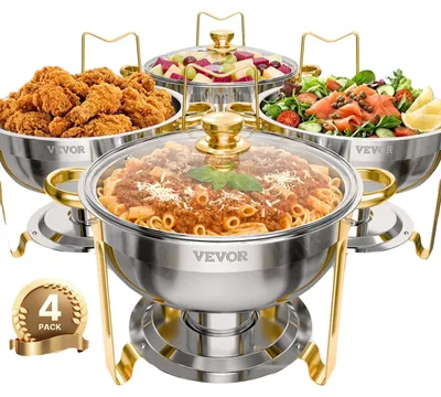 Produktbild von VEVOR Warmhalteteller Buffet Set, 5 Qt 2er Pack, Edelstahl Chafing Dish mit 2 Vollformat-Pfannen, runder Catering-Wärmer mit Glasdeckel, Wasserpfanne, klappbarer Ständer, Brennstoffhalter, für Hochzeitsfeiern, Bankett, Silber, Goldene-4pcs