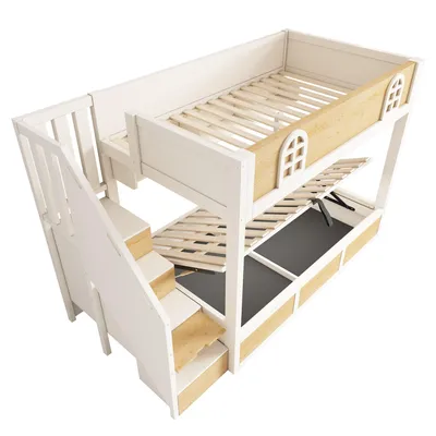 Produktbild von Flieks Hydraulisches Etagenbett 90x200cm mit Regal und offenen Staufächern, Kinderbett Hausbett mit Rausfallschutz und Lattenrost, Hochbett Weiß